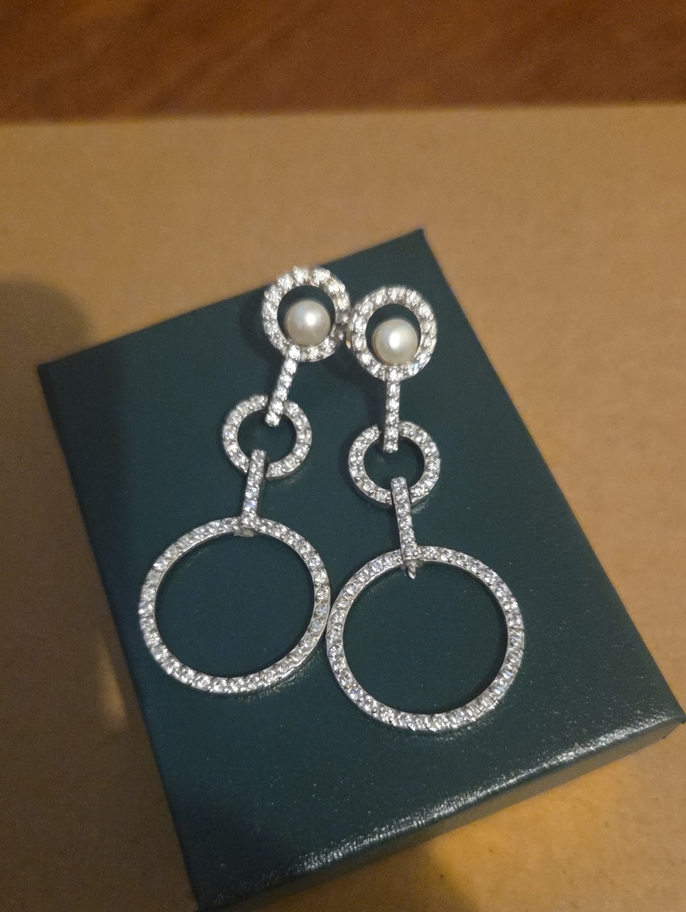 Silver Pearl and Crystal Drop Hoop Earrings